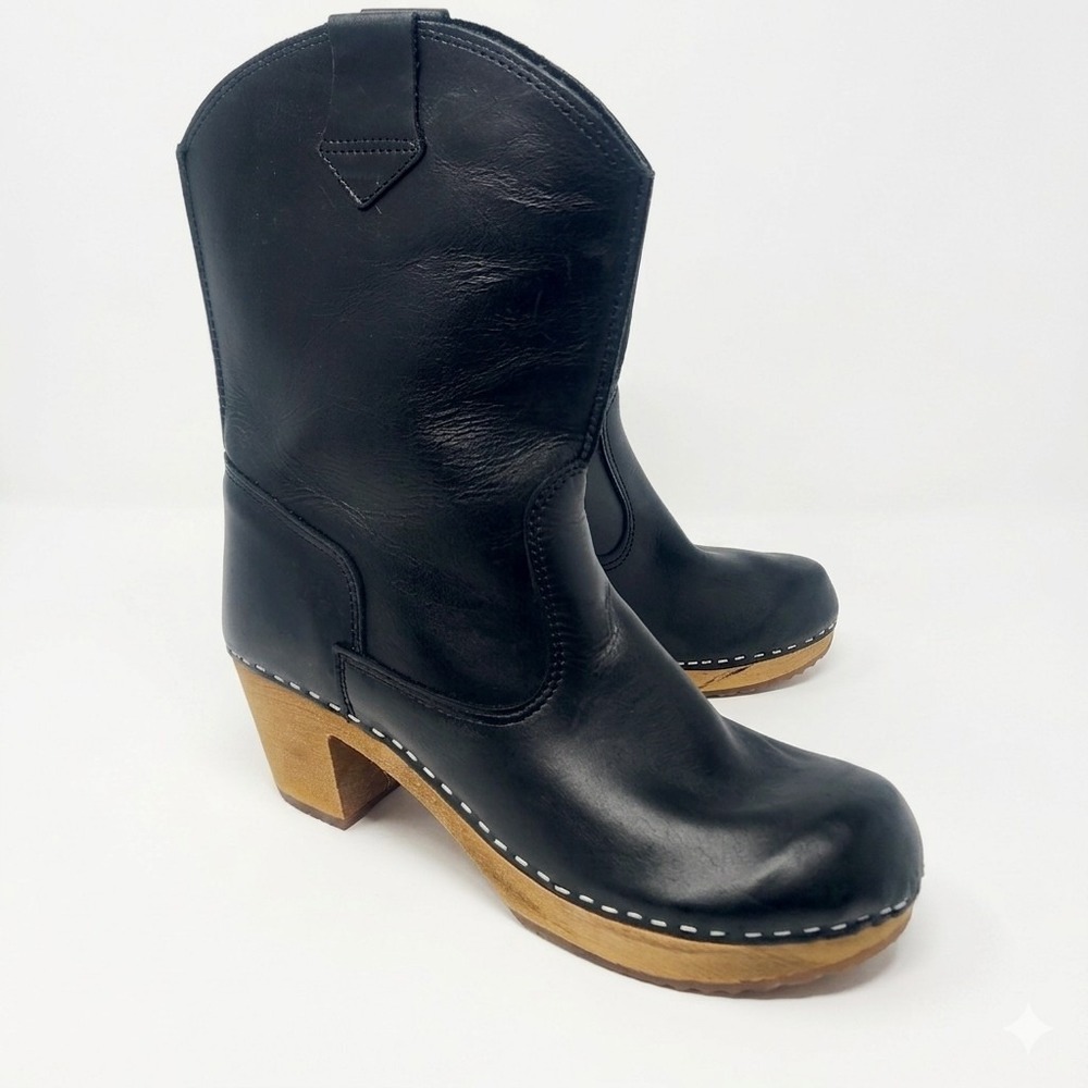 Sanita Black Leather Wood Clog Boots Boho Artisan Stapled Platform 39 US 8.5-9‎